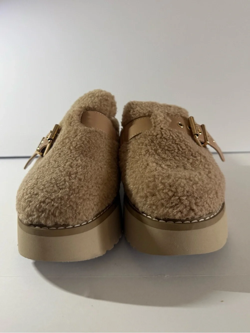 Dolce Vita  women Tan Faux-Shearling Slip-On Mules with Gold Buckle size 7